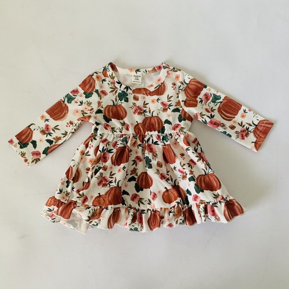 Shein Pumpkin Dress Baby Girl 3-6 Months White Orange Long Sleeve Ruffle Holiday